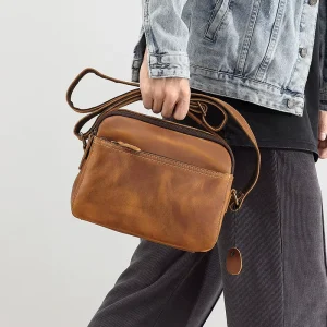 Crazy Horse Leather Cross Body Shoulder Satchel Bag Top Layer Full Grain Leather Messenger Bag For Men Crossbody Bag