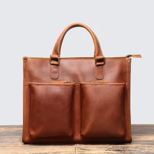 Crazy Horse Leather Laptop Briefcase Vintage Men’s Portfolio Bag Handbag for Business Work with Adjustable Shoulder Strap