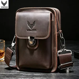Crazy Horse Leather Men’s Casual Waist Belt Bag Small Shoulder Messenger Multifunctional Phone Bag Travel