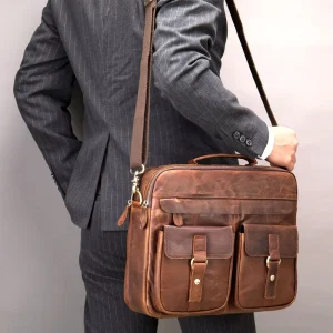 Crazy Horse Leather Men’s European American Retro Shoulder Crossbody Bag First-Layer Cowhide Waterproof Briefcase