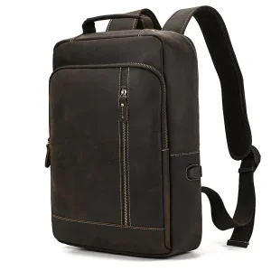 Crazy Horse Leather Men’s Street Fashion 16-Inch Large-Capacity Genuine Leather Backpack Polyester Lining Vintage Full-Grain