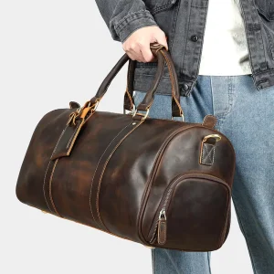 Crazy Horse Leather Men’s Travel Bag with Shoe Pouch Waterproof Leather Travel Bags Men Genuine Leather Duffle Bags