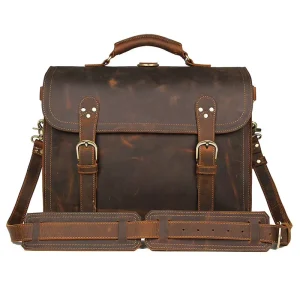 Crazy Horse Leather Vintage Genuine Leather Men’s Business Hard Bag Large Capacity Crossbody Waterproof Computer Compartment