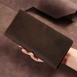 Crazy Horse Leather Wallet Men’s Long Wallet Genuine Leather Clutch Vintage Style Full-Grain Cowhide Card Holder Money Clip