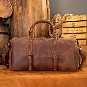 Crazy Horse Men’s Genuine Leather Duffle Bag with Zipper Closure Gym Work and Travel Luggage Handbag
