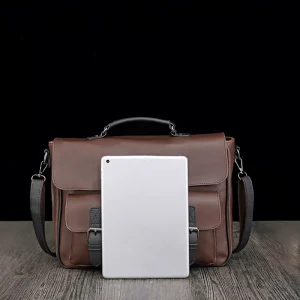 Crazy Horse PU Leather Men’s Waterproof Laptop Messenger Bag with Tow Pockets Belt Buckle Business Use & Customizable Logo