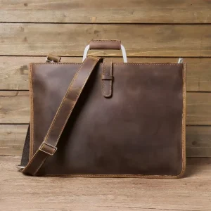 Crazy Horse Skin Retro Men’s Genuine Leather Laptop Briefcase Portable Business Computer Shoulder Bag Cowhide Shoulder Strap