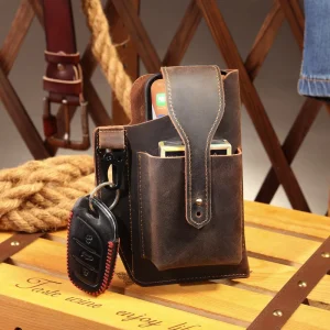Crazy Horse Style Genuine Leather Men’s Waist Bag Construction Site Sports Tactical Mobile Phone Holder