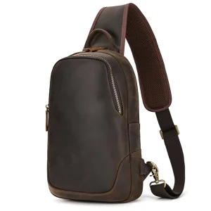 Crazy Horse Thick Leather Men Chest Crossbody Bag Sling Single Shoulder Backpack with Hidden Zipper Pocket on Back