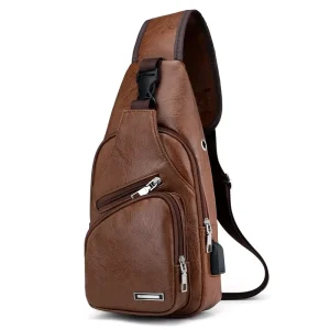 Creative PU Leather Sling Bag with USB Charging Earphone Hook Men Chest Bags Bags Supplier