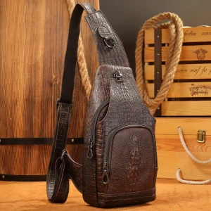 Crocodile Pattern Crossbody Bag for Men Sling Messenger Shoulder Bag Genuine Leather Chest Bag