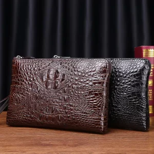 Crocodile Patterned Men’s Clutch Bag with Hand Stitched Seams Large Handbag Business Folder Bag Large Capacity Envelope Bag