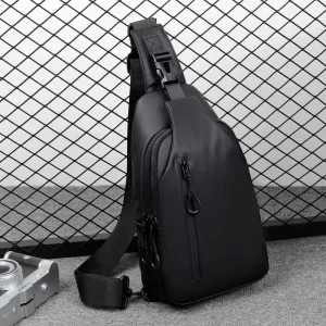 Cross Border Men’s PU Chest Bag Korean Fashion Shoulder Bag Large Capacity Backpack Water-Resistant Striped Print Logo