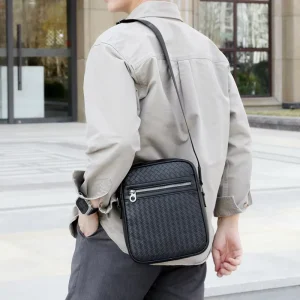 Cross Border Men’s Trendy Single Shoulder Bag Casual Large Capacity Woven Square Cross Body PU Zipper Waterproof for Business