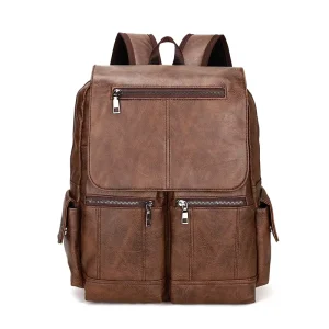 Cross border Exclusive Retro PU Leather Zipper Backpack Men’s Trendy Fashion College Student Schoolbag Leisure Computer Bag