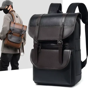 Cross-border Men’s Waterproof PU Leather Backpack Polyester Curved Shoulder Strap Contrast Color