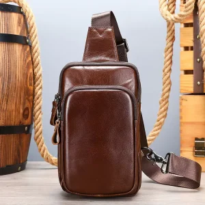 Custom All Seasons Vintage Styled Men’s Genuine Cowhide Leather Sling Bag Full Grain Brown Waterproof Portable Laptop Chest Bag