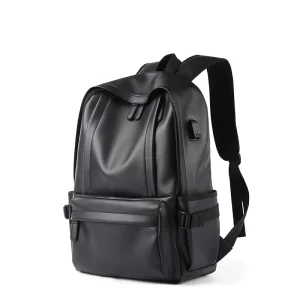 Custom Backpack Large Capacity Men School Bag Laptop Back Pack USB Black PU Leather Backpack for Men