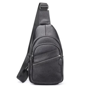 Custom Black Genuine Leather Men’s Crossbody Bag Waterproof Wear-Resistant Capacity Expansion Street Trend Daily Use Chest Bag