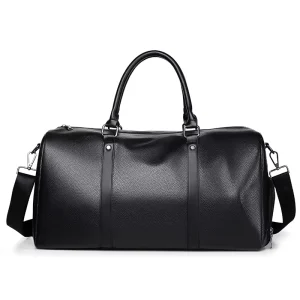 Custom Black Leather Travel Duffle Bag With Shoe Pouch Water Resistant Weekender Bag For Men