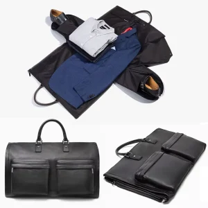 Custom Black Vegan Leather Men’s Collapsible Travel Suit Weekender Duffel Bag for Men Leather Duffel Bag