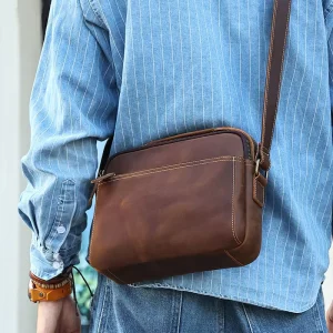 Custom Cross Border Genuine Leather Vintage Crazy Horse Men’s Messenger Bag Waterproof Anti Theft Lightweight Durable All Season