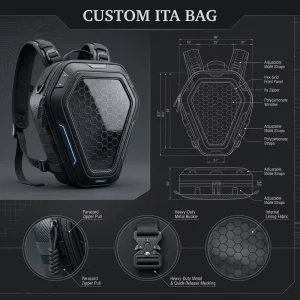 Custom Cyberpunk Style Tactical Ita Bag Molle Straps Heavy Duty Metal Buckle Quick Release Honeycomb Lining Rugged PU Daypack