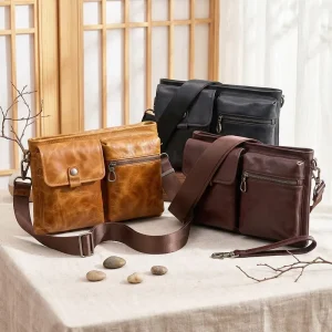 Custom Embossed Logo Vintage Casual Business Men’s Crossbody Bag Top Grain Cowhide Genuine Leather Shoulder Bag for Men