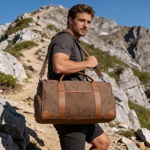 Custom Embroidered Canvas Travel Duffel Bag Vintage PU Trim Weekender Overnight Bag Large Capacity Men’s Gym&Groomsmen Gift Bag