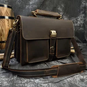 Custom European American Vintage Men’s Hard Briefcase Crazy Horse Leather Double Compartment Handbag Messenger Bag