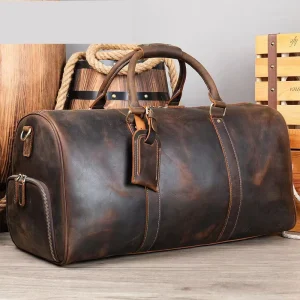 Custom Full Grain Genuine Leather Vintage Geometric Zipper Eco Friendly Large Capacity Weekend Travel Men’s Duffle Bag