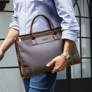 Custom Full Grain Oil Tanned Genuine Leather Briefcase Office Bag for Men 14.2” Laptop Handbag With Detachable Shoulder Strap
