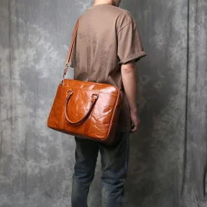 Custom Genuine Leather Briefcase Mens Laptop Bag Vegetable Leather Handbag Bull Captain Men Leather Bags