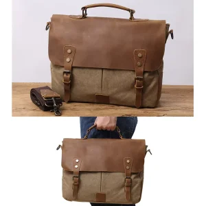Custom Genuine Leather & Canvas Vintage Messenger Bag for Men with Laptop Compartment All Seasons Use