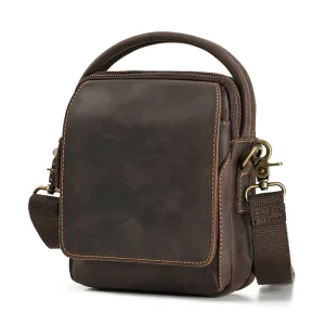 Custom Genuine Leather Crazy Horse Men’s Messenger Bag Vintage Style Luxury Water Resistant Durable Flap Closure Shoulder Bag