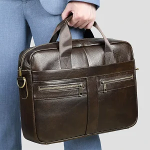 Custom Genuine Leather Men’s Business Briefcase Luxury Laptop Bag With Waterproof Shoulder Strap for Work