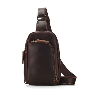 Custom Genuine Leather Vintage Men’s Chest Messenger Shoulder Bag Polyester Waterproof Durable Large Capacity Zipper Closure