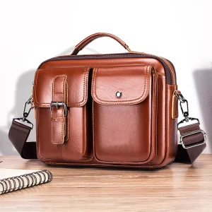 Custom Genuine Leather Waterproof Button Closure Moto Biker Logo Unisex Shoulder Messenger Bag Retro Casual Lightweight Portable