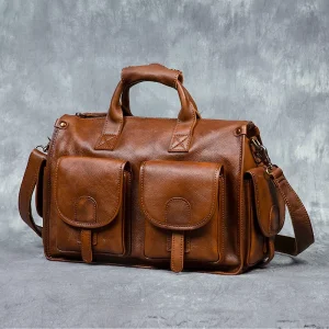 Custom Handmade Vintage Crazy Horse Cowhide Zipper Closure Men Handbag Large Capacity Shoulder Slung Travel Bag