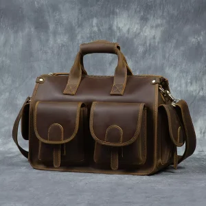 Custom Handmade Vintage Crazy Horse Leather Men’s Portable Shoulder Messenger Computer Bag Zipper Nylon