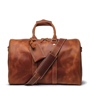 Custom High Quality Genuine Cow Leather Men’s Fashion Vintage Travel Duffel Bag with Zipper Closure