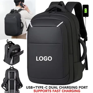 Custom LOGO Men’s Business Travel Waterproof PU High Quality USB Type C Dual Charging Port Laptop Backpack with Reflective Strip
