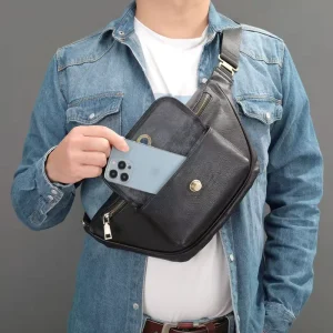 Custom Large Capacity Casual Sports Zipper Closure Waterproof Trendy Men’s Genuine Leather Chest Bag Crossbody Shoulder Bag