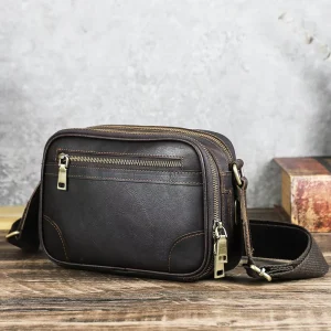 Custom Leather Man Shoulder Bag Full Grain Genuine Leather Crossbody Bag for Men Multi Zipper Messenger Bag for Spring Summer