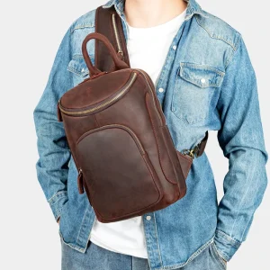 Custom Leather Men’s Crossbody Chest Bag Zipper European Retro Style Wear Genuine Leather Shoulder Bag for Business Travel