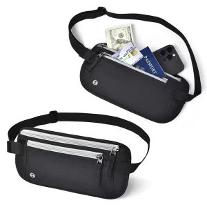 Custom Logo Anti Theft RFID Travel Passport Holder Waist Fanny Pack Money Belt Slim Waterproof Nylon and PU Leather for Men