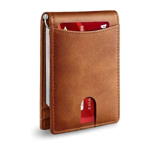 Custom Logo Brown PU Leather RFID Men’s Money Clip Wallet with Open Closure Solid Pattern ID Windows Factory Direct