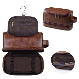 Custom Logo Business Portable Men’S Leather Toiletry Bag Travel Dopp Kit Mens Hanging Hygiene Makeup Bag For Men Women