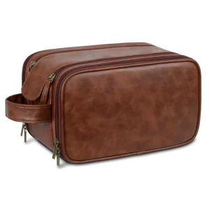 Custom Logo Business Portable Men’s PU Leather Toiletry Bag Travel Dopp Kit Hanging Hygiene Makeup Bag for Men Women