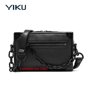 Custom Logo Fashion Box Style Crossgrain Leather Black Men’s Small Crossbody Shoulder Messenger Bag with Chain Waterproof